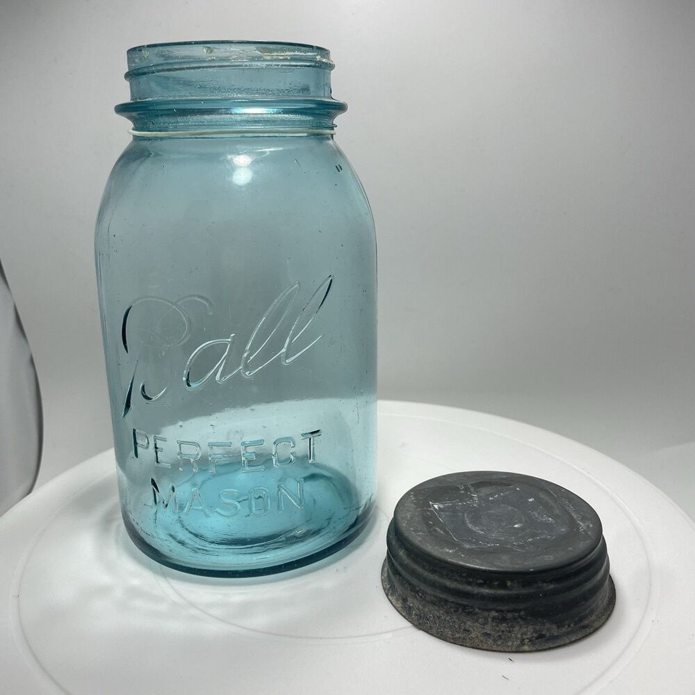 Vtg Ball Perfect Mason Green Glass Jar w Zinc Lid Wide Mouth Quart #2